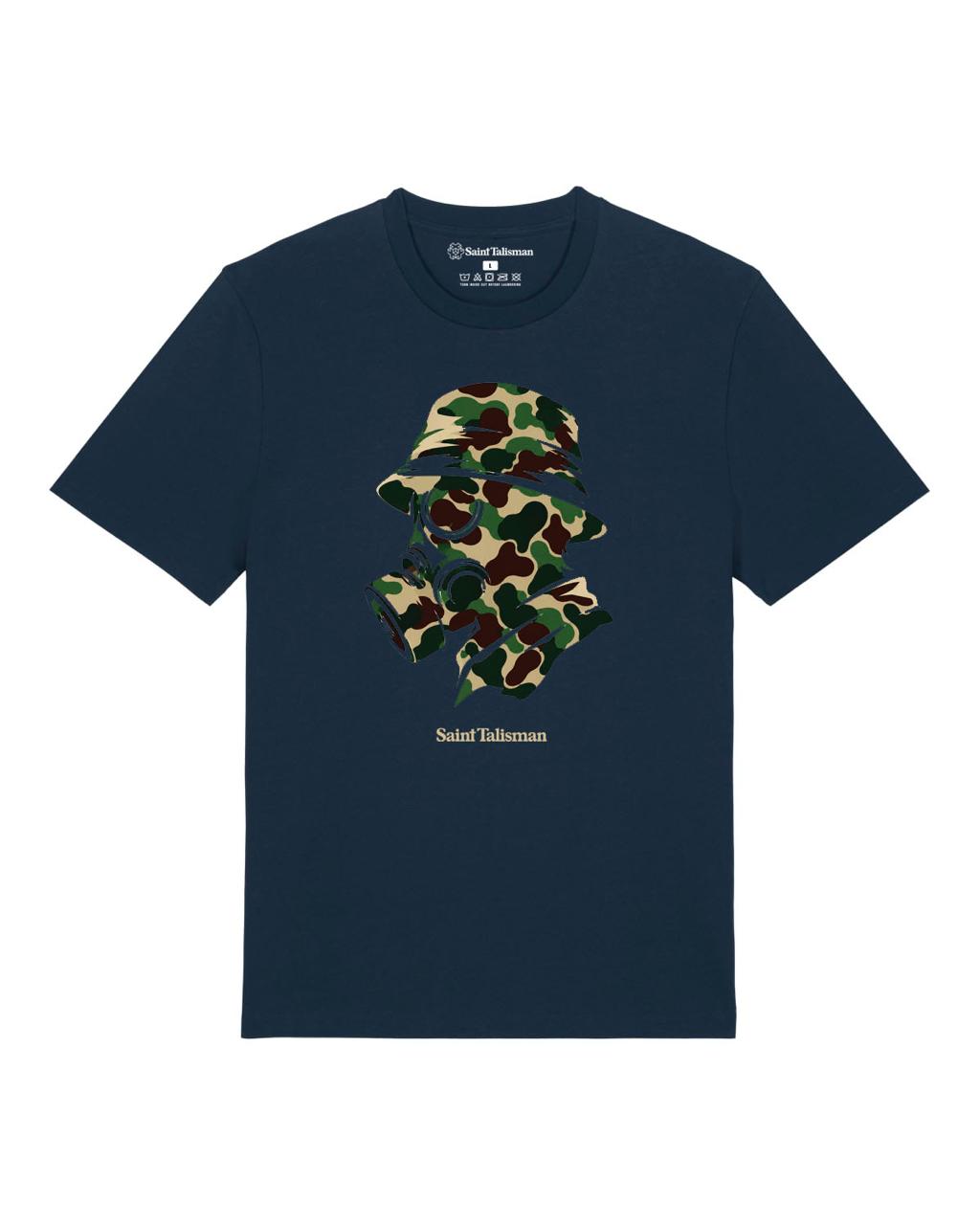 CAMO GAS MASK T-SHIRT - NAVY featuring a graphic of a person wearing a camouflage print bucket hat and gas mask.