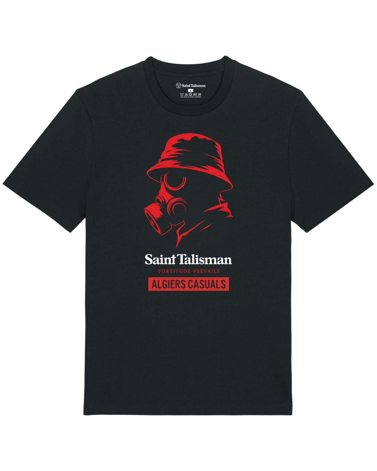 Black t-shirt from SAINT TALISMAN x ALGIERS CASUALS with a red-outlined figure in a bucket hat and gas mask, plus white and red text: "Saint Talisman Fortitude Prevails Algiers Casuals"—a tribute to football culture.