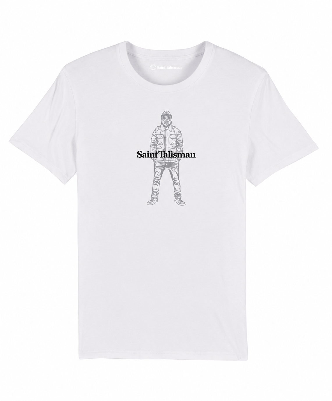 The Urban Gasman T-Shirt - White is a medium fit, organic cotton tee featuring a black line drawing of a person with hands in pockets and bold "Saint Talisman" text across the chest.
