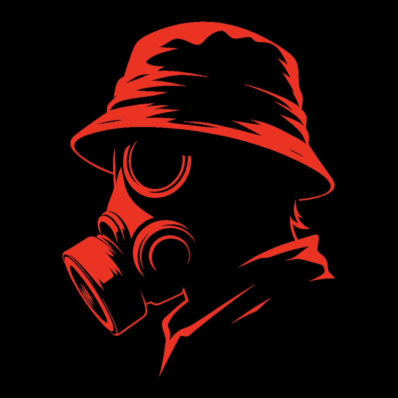 A stylized red profile of a person in a bucket hat and gas mask, set against black, channels football casual culture—ideal for fans of SAINT TALISMAN x ALGIERS CASUALS.