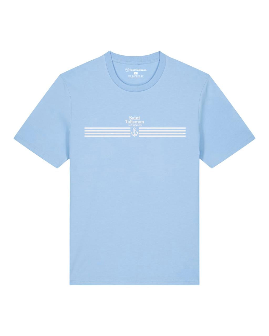 The Quartermaster T-Shirt in powder blue is an organic cotton tee with white chest stripes, a small anchor icon, and "Saint Talisman" printed above—delivering nautical style for any Quartermaster.