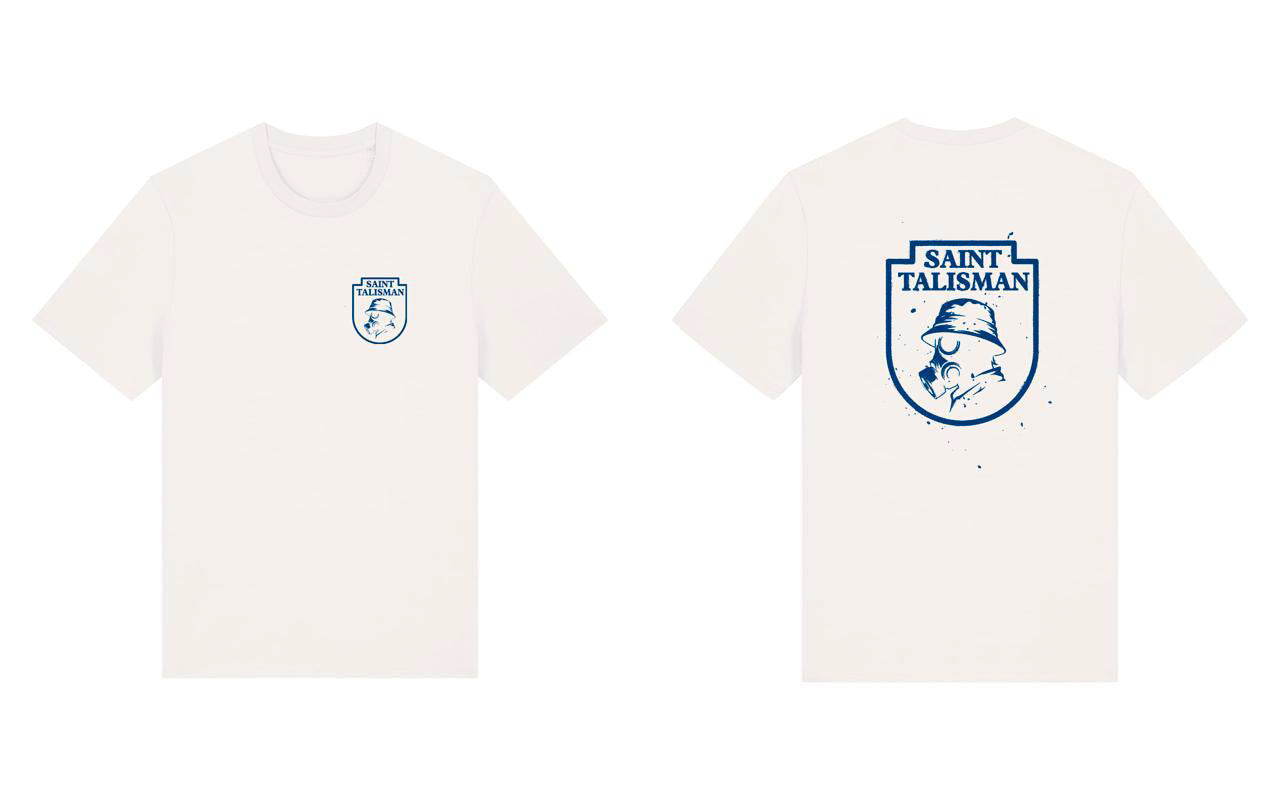 THE SHIELD TEE — ANCHOR EDITION - Vintage White features a blue shield logo with SAINT TALISMAN and a person in a hat on the front left chest, plus a larger matching logo centered on the back.