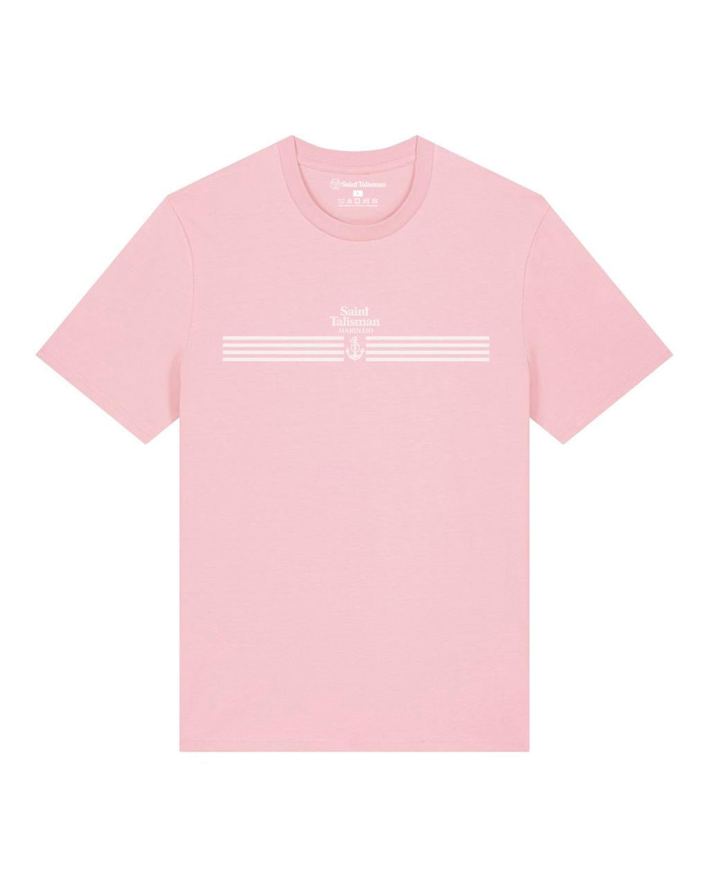 The Quartermaster T-Shirt Rose is a light pink tee made from organic cotton with thin white stripes and an anchor graphic below "Saint Talisman" printed on the chest.