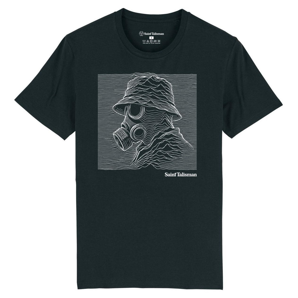 Unknown Gasman T-Shirt featuring a white line-art graphic of a person wearing a bucket hat and gas mask.