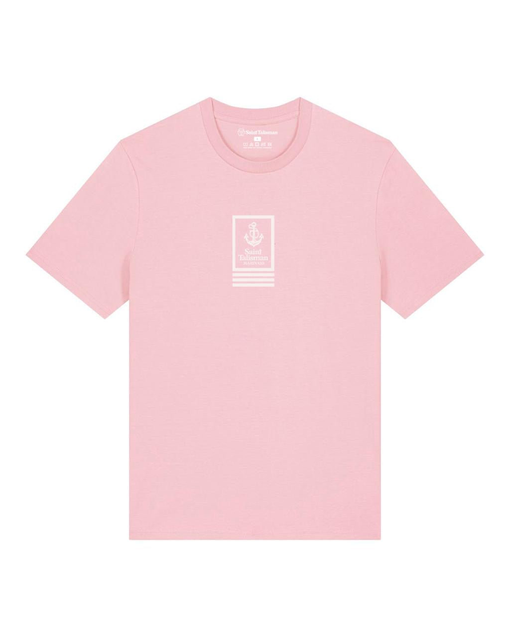 The Union T-Shirt Rose features a white nautical anchor design with text and horizontal stripes on light pink, crafted from soft organic cotton for all-day comfort.