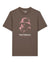 The S.T Gas Mask Tee - Mocha features a pink graphic of a person in a bucket hat and gas mask, with "Saint Talisman" and "FORTITUDE PREVAILS" boldly printed below the illustration.