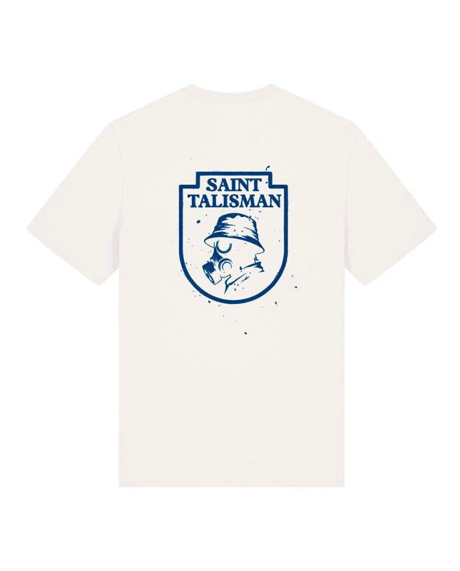 The SHIELD TEE — GAS MASK EDITION in Vintage White features a blue shield outline, SAINT TALISMAN text, and a helmeted profile graphic on the back—part of the exclusive Gas Mask Edition collection.