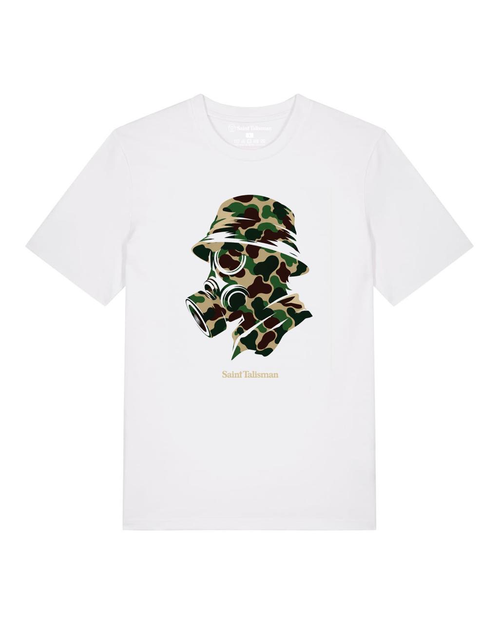 White CAMO GAS MASK T-SHIRT featuring a graphic of a person wearing a camouflage print bucket hat and gas mask.
