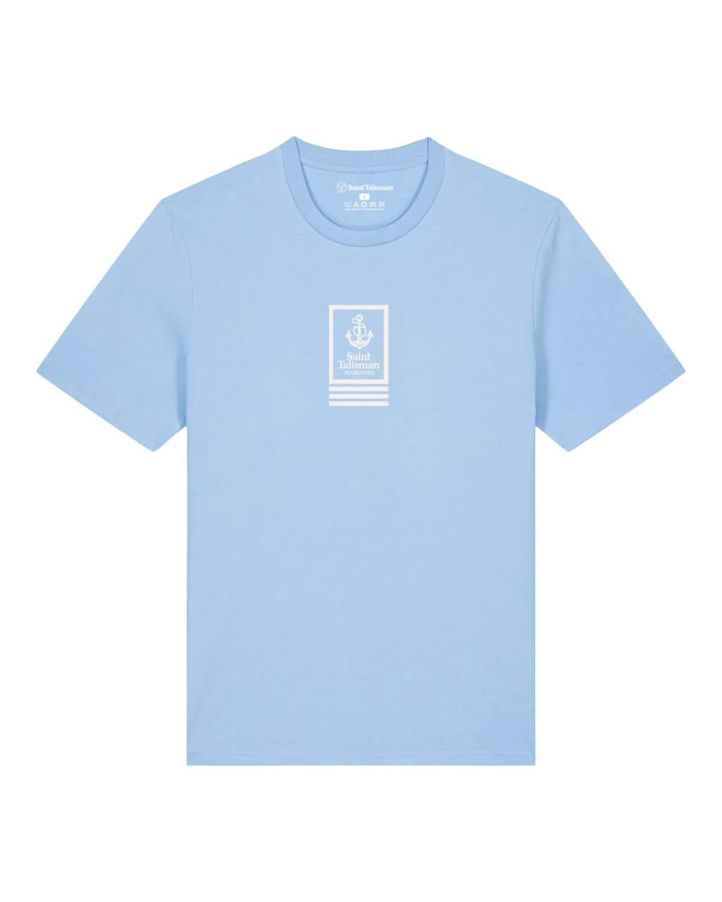 The Union T-Shirt Powder Blue features short sleeves and a small white Union anchor with "Saint-Tropez Nautical Reflections" above three white lines, all centered on the chest.