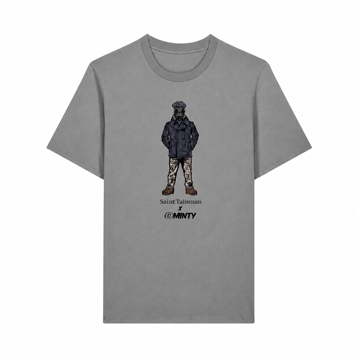 Gray ST x Minty Marinaio Gasman T-Shirt with an illustration of Marinaio Gasman in jacket, pants, boots, and gas mask. Below: Saint Talisman x OMINTY—an exclusive Minty collaboration tee.
