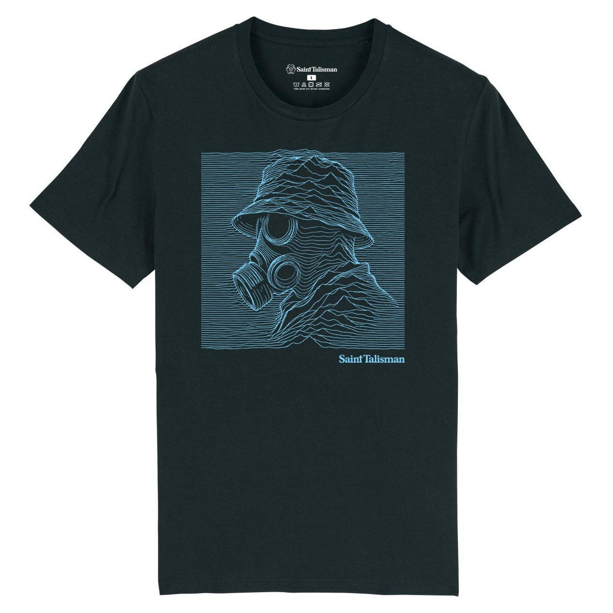 Unknown Gasman T-Shirt featuring a sky blue, horizontal line art graphic of a person wearing a bucket hat and a gas mask.