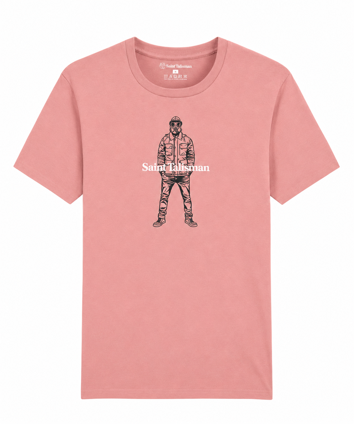 The Urban Gasman T-Shirt - Pink is a medium fit, organic cotton tee with a black line sketch of a person wearing sunglasses, hat, jacket, and pants. "Saint Talisman" is printed across the chest over the illustration.