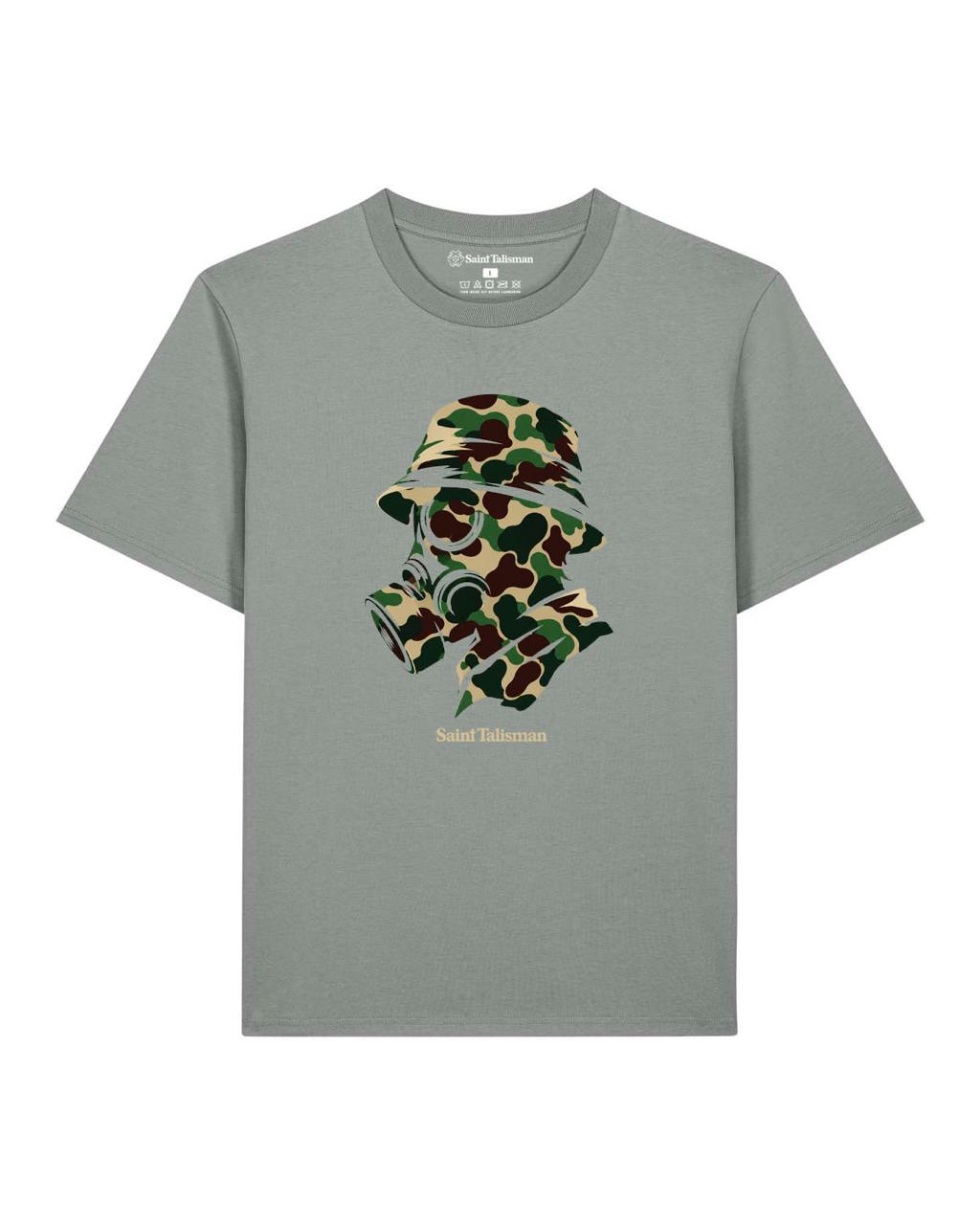 Grey CAMO GAS MASK T-SHIRT featuring a graphic of a person wearing a camo gas mask and bucket hat.